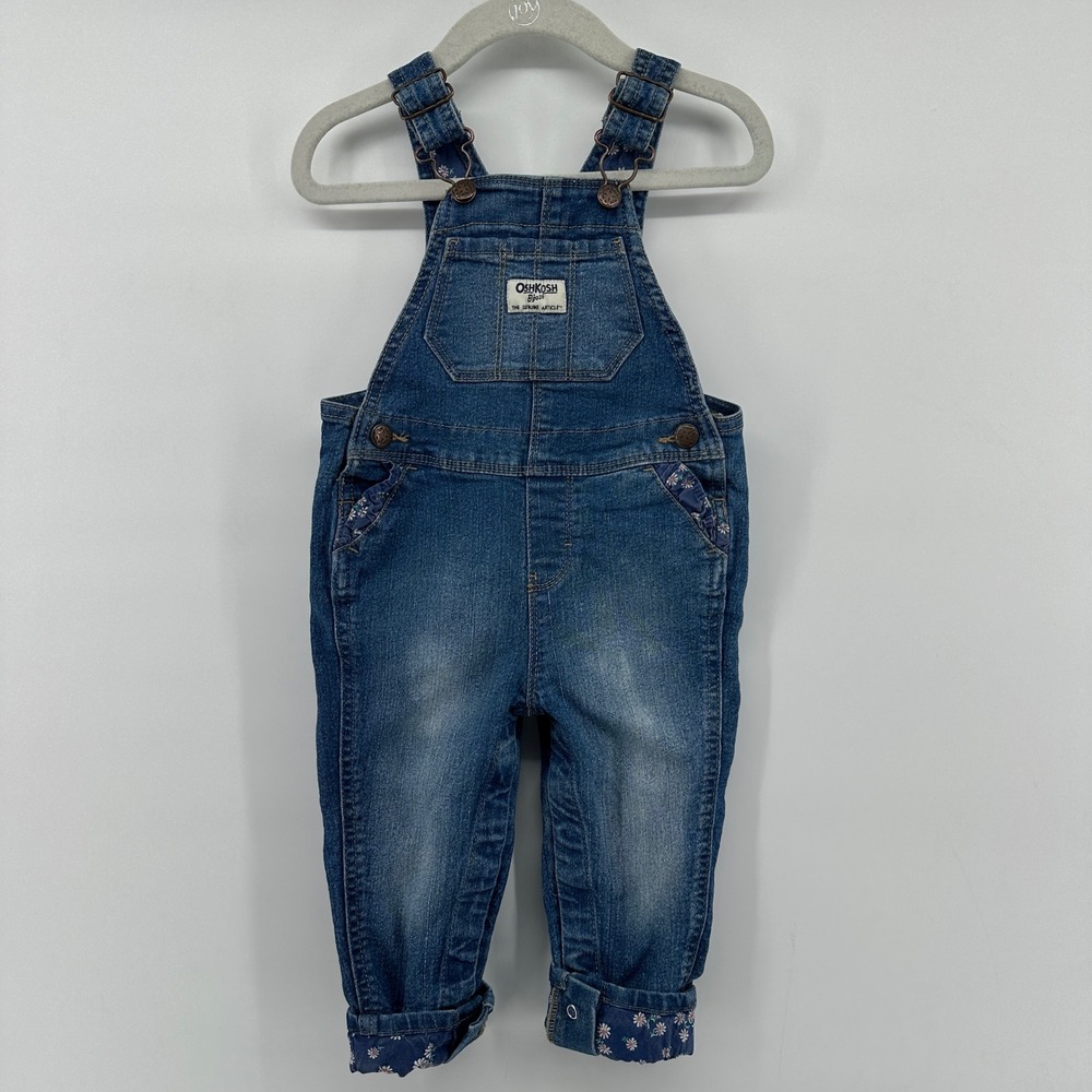 OshKosh Bgosh Girls Blue Denim Floral Trim Bib Overalls 18M 1H235510